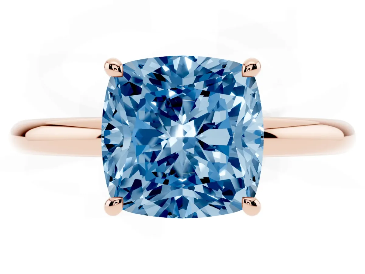 Fancy Blue Cushion Cut Diamond Solitaire Ring with Thin Band and Four-Prong Setting Rose gold
