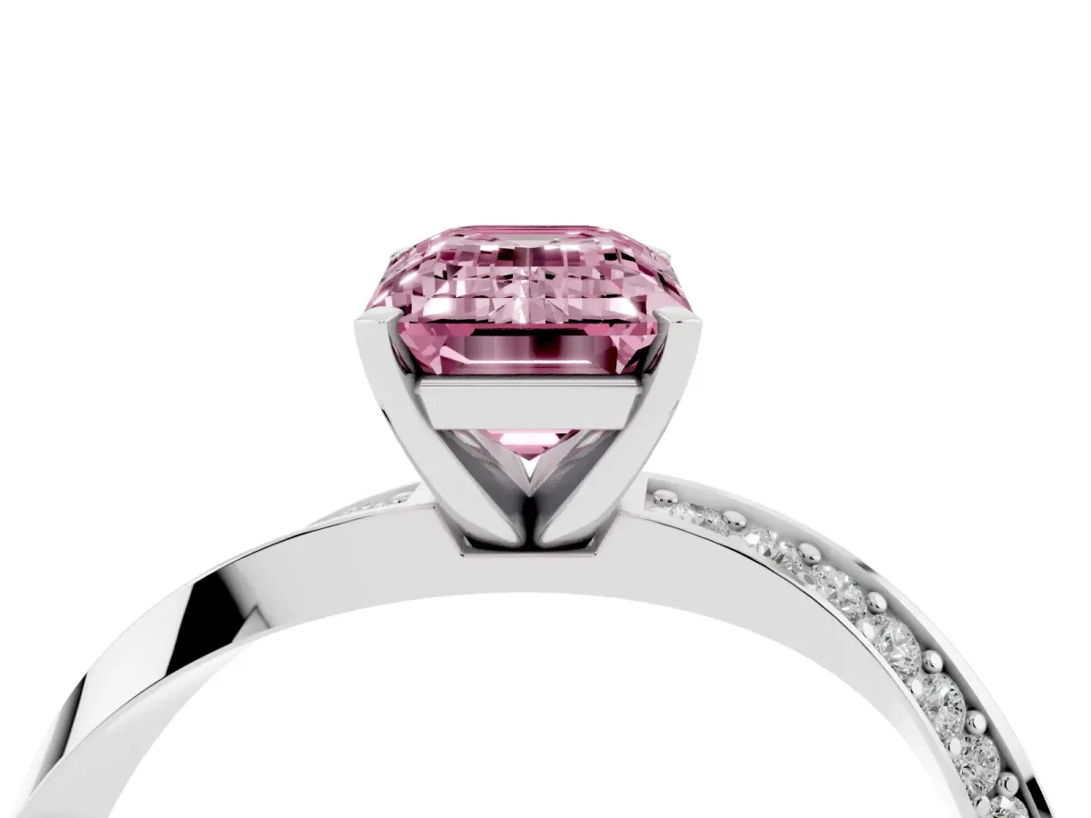 Fancy Pink Emerald Cut Diamond Engagement Ring with Side Stone Accents and Four-Prong Setting Silver