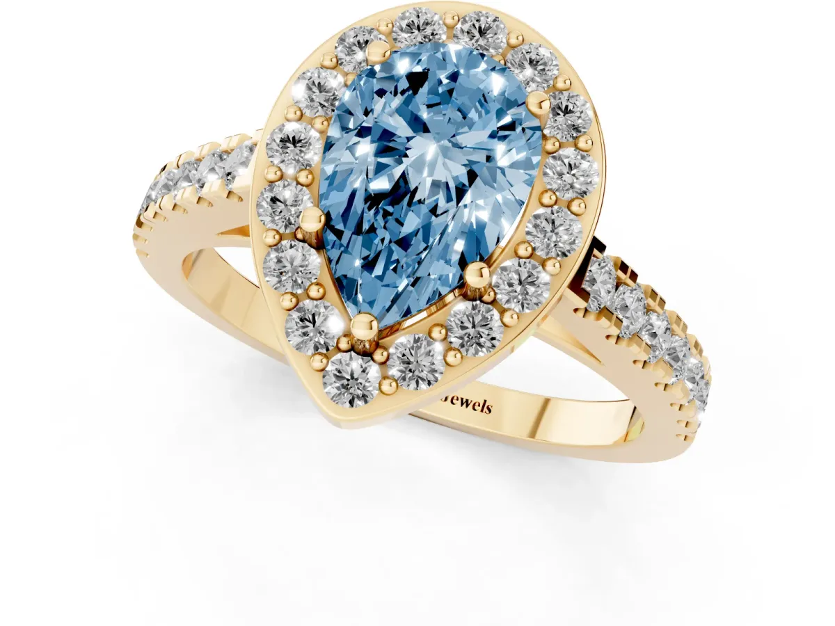 Fancy Blue Pear Cut Diamond Halo Ring with Round Pavé Split Shank and Prong Setting Yellow gold