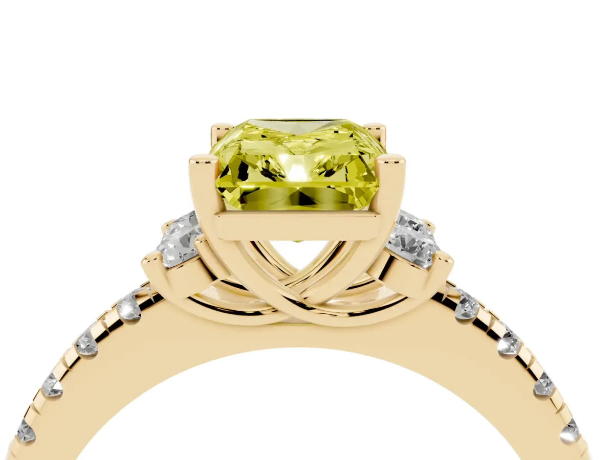 Fancy Yellow Radiant Cut Diamond Three-Stone Pave Band with Four-Prong Setting Yellow gold