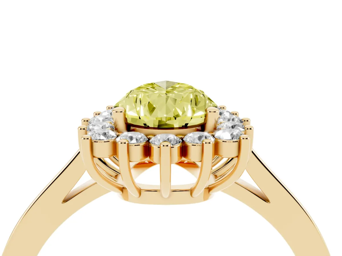 Fancy Yellow Pear Cut Cut Diamond Halo Ring with Round Brilliant Halo and Solitaire Band Yellow gold