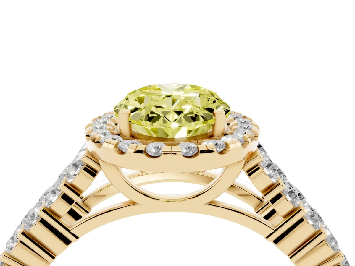 Fancy Yellow Oval Cut Diamond Halo Engagement Ring with Triple Row Round Pavé Band and Prong Setting Yellow gold