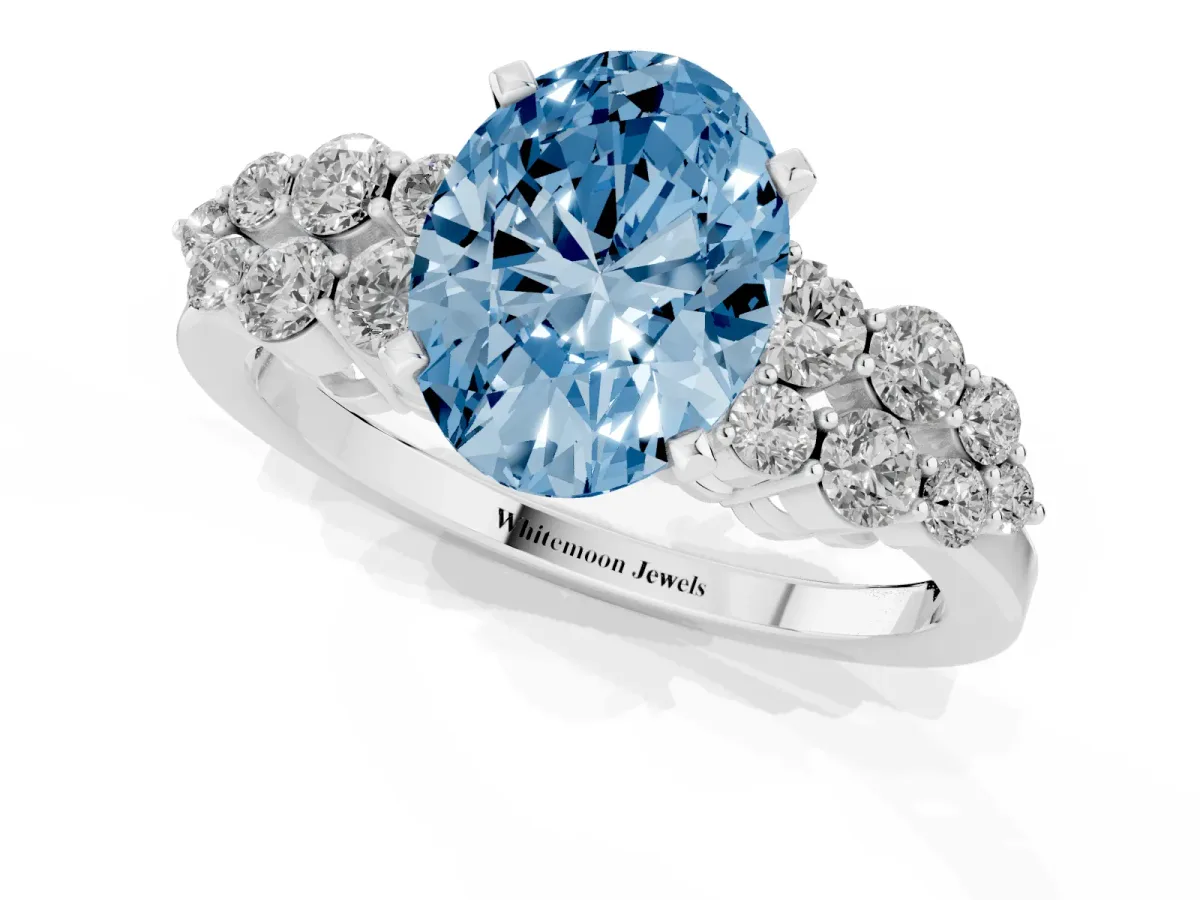 Fancy Blue Oval Cut Cluster Diamond Engagement Ring with Pavé Band and Four-Prong Setting Silver