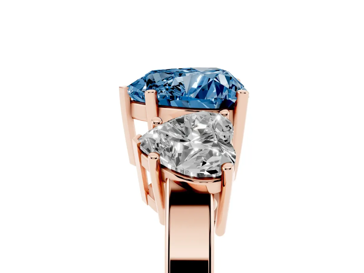 Fancy Blue Three-Stone Heart Cut Cut Diamond Engagement Ring with Flat Band and Four-Prong Setting Rose gold