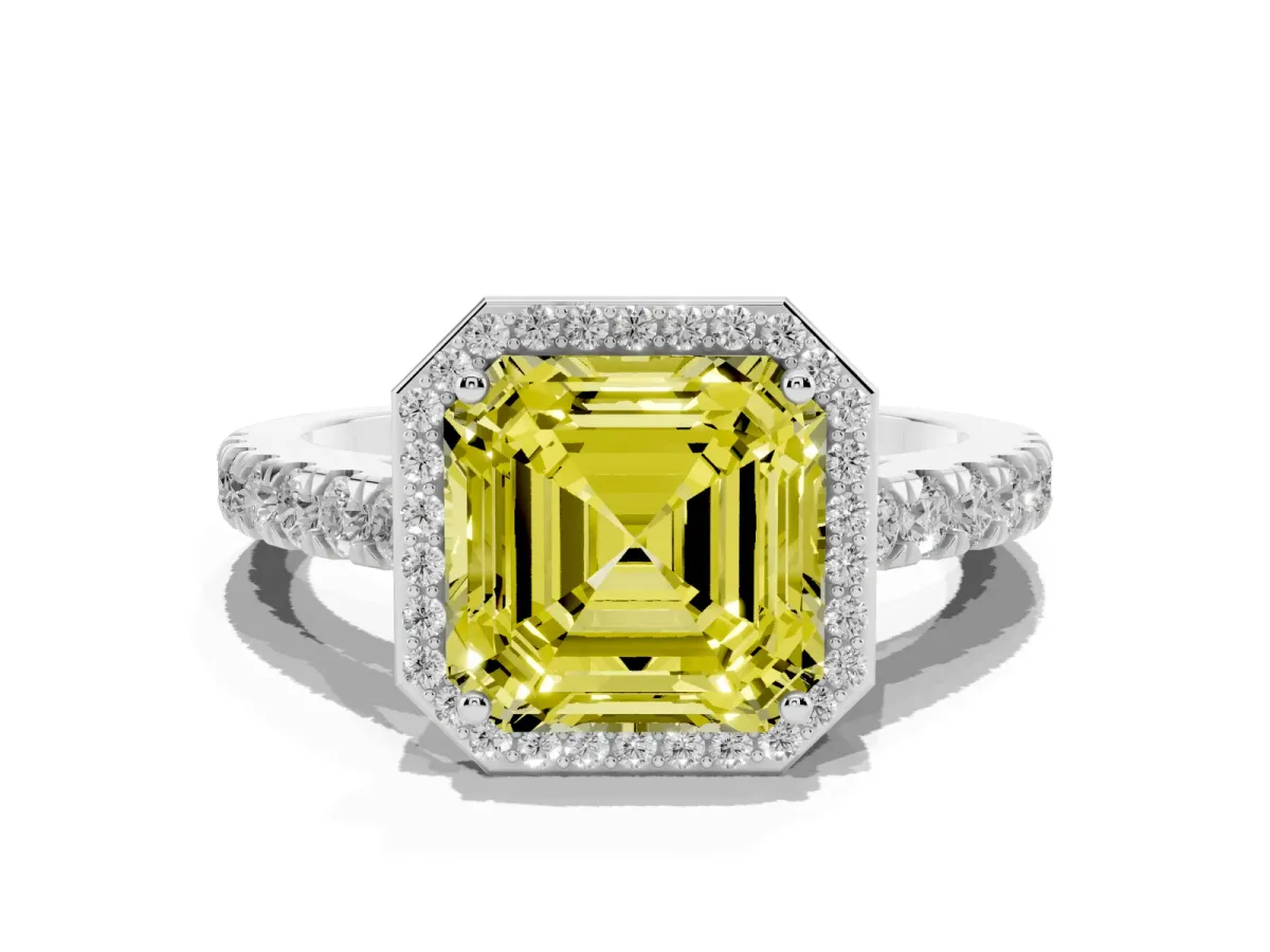 Fancy Yellow Asscher Cut Cut Halo Diamond Engagement Ring with Pave Band and Four-Prong Setting Platinum