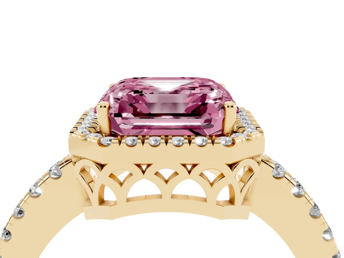 Fancy Pink Asscher Cut Halo Diamond Engagement Ring with Pavé Band and Four-Prong Setting Yellow gold