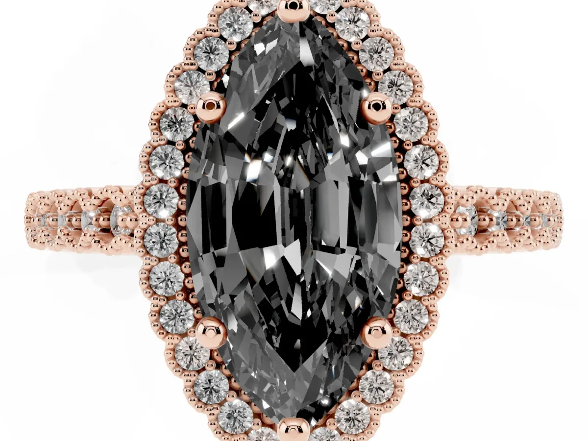 Fancy Black Marquise Cut Cut Halo Pavé Solitaire Ring with Milgrain Band Rose gold