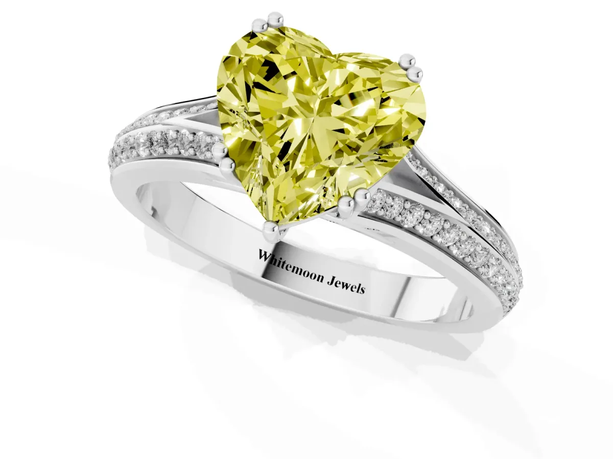Fancy Yellow Heart Cut Diamond Split Shank Engagement Ring with Pavé Band Platinum
