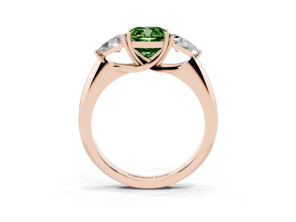 Fancy Green Three-Stone Cushion Cut Diamond Engagement Ring with Trillion Side Stones and Prong Setting Rose gold