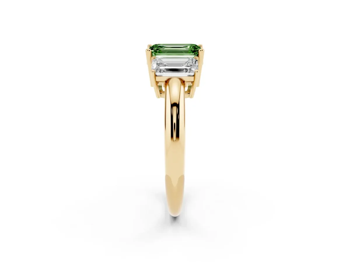 Fancy Green Three-Stone Emerald Cut Cut Diamond Engagement Ring with Prong Setting on a White Gold Band Yellow gold