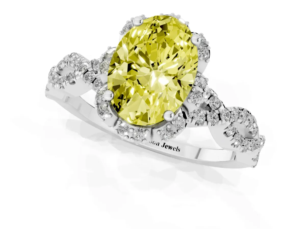 Fancy Yellow Oval Cut Halo Twist Band Solitaire Ring with Six-Prong Setting Silver
