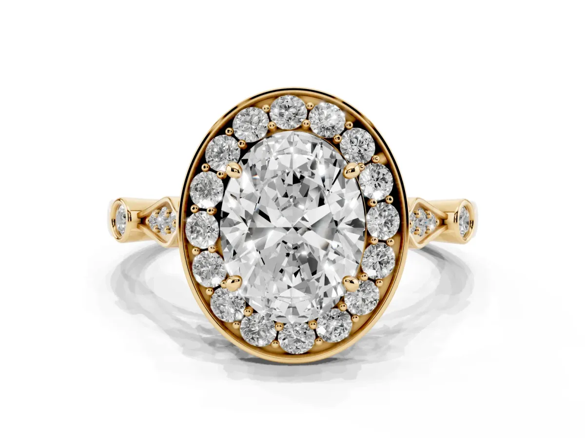 Oval Cut Halo Diamond Engagement Ring with Twisted Band and Four-Prong Setting Yellow gold