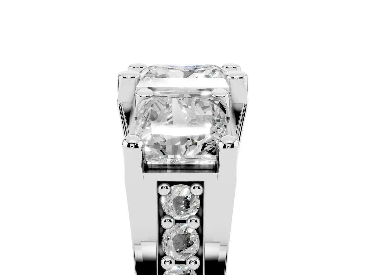 Princess Cut Diamond Three-Stone Ring with Channel Set Band and Four-Prong Setting Silver
