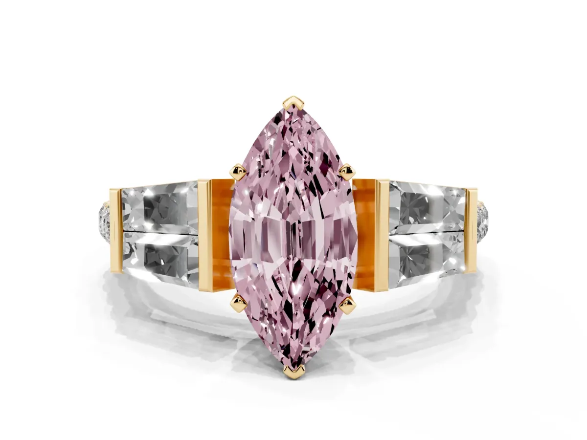 Fancy Pink Marquise Cut Diamond Engagement Ring with Baguette Side Stones and Channel Set Band Yellow gold