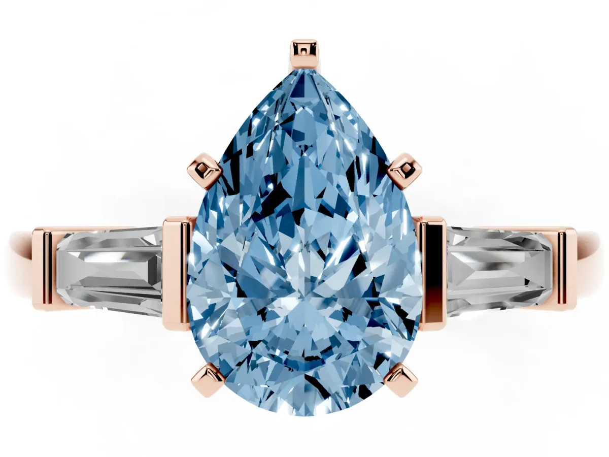Fancy Blue Pear Cut Cut Diamond Solitaire Ring with Tapered Baguette Accents and Four-Prong Setting Rose gold