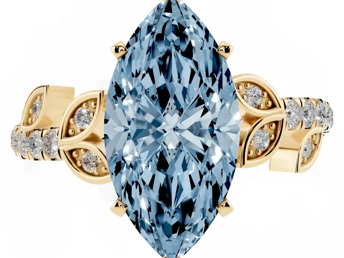 Fancy Blue Marquise Cut Solitaire Leaf-Inspired Diamond Ring with Pavé Band and Four-Prong Setting Yellow gold