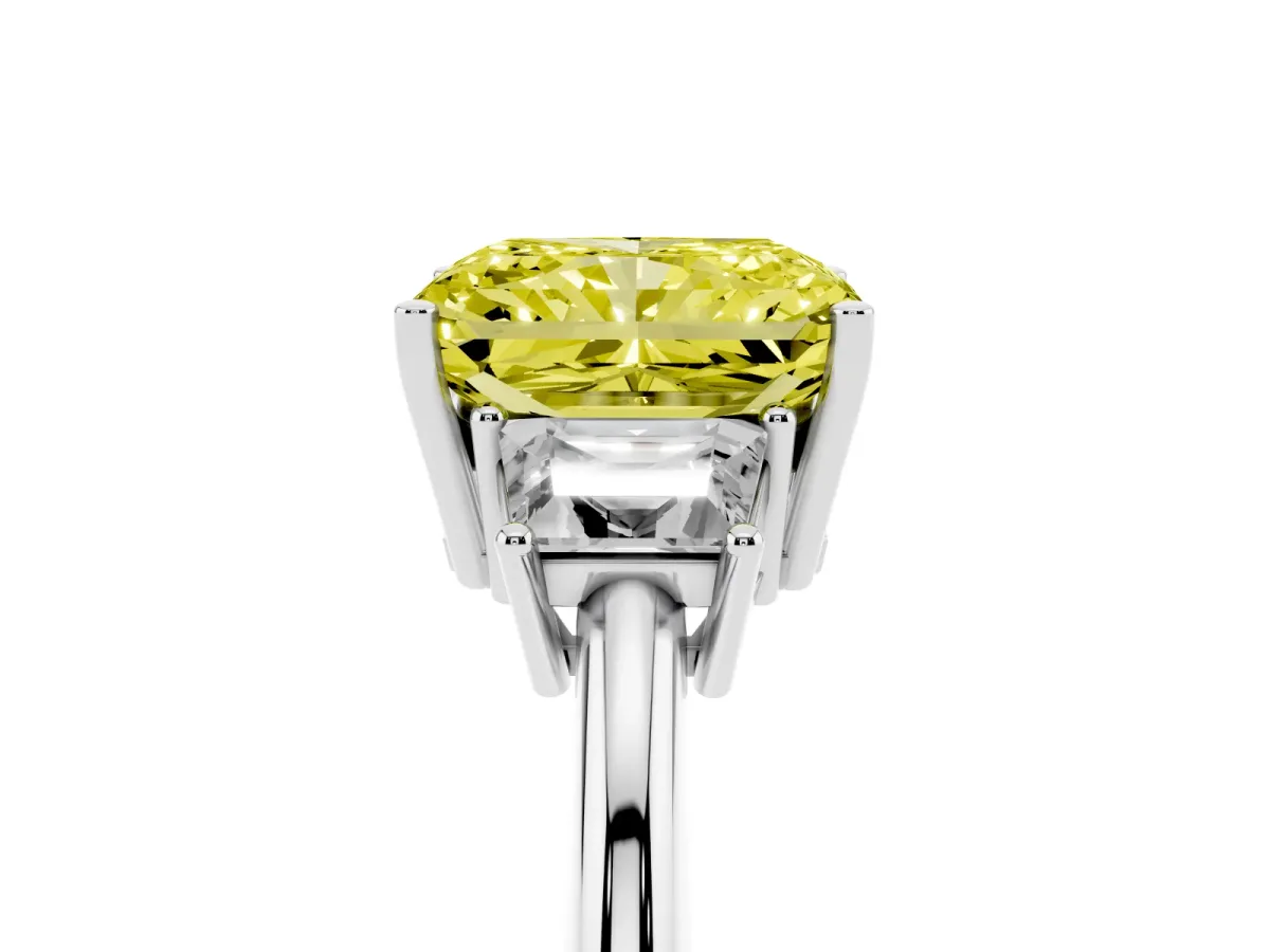 Fancy Yellow Radiant Cut Diamond Three-Stone Ring with Trapezoid Side Stones and Prong Setting Silver