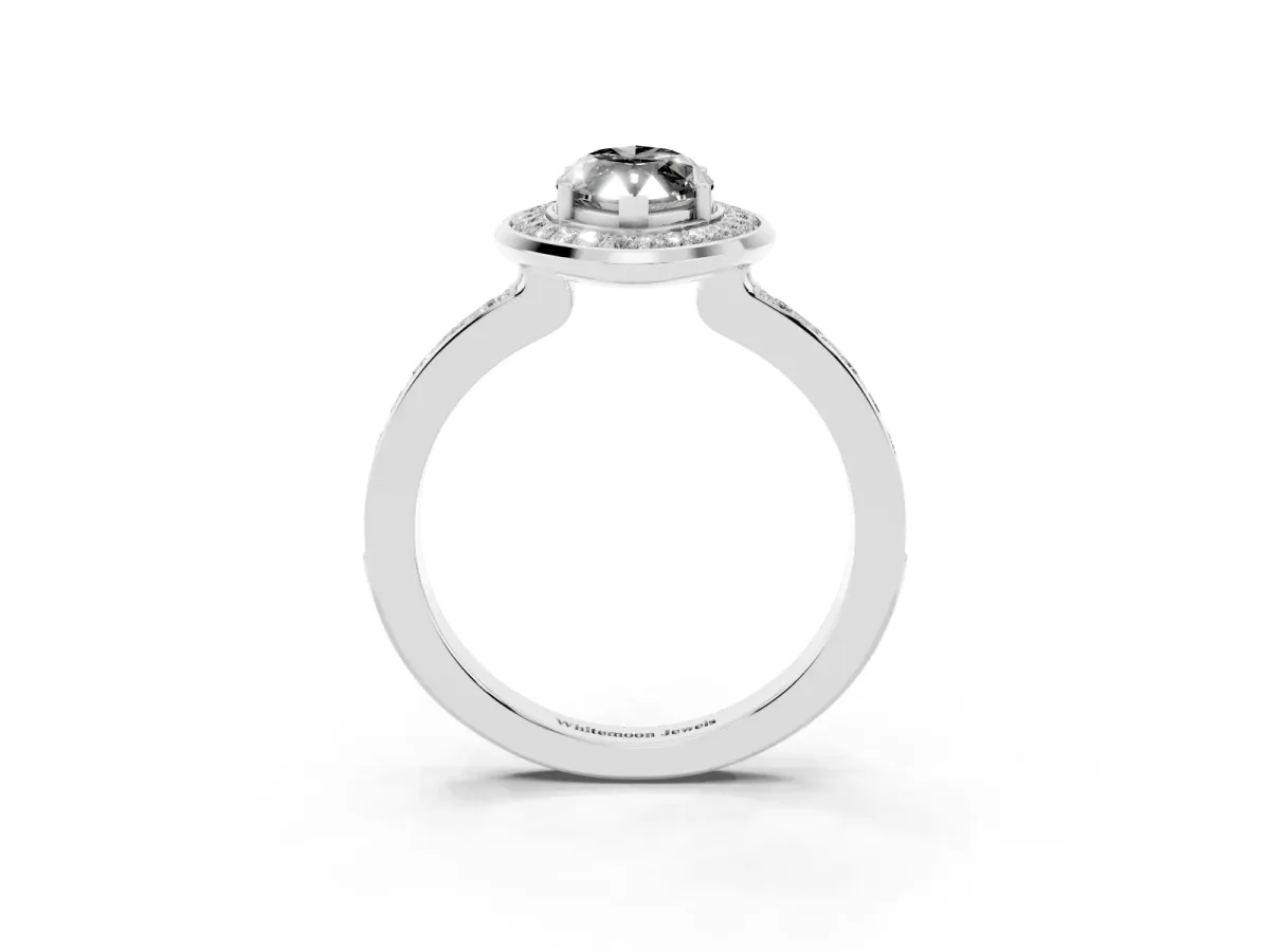 Fancy Black Marquise Cut Diamond Halo Ring with Bezel Frame and Pavé Band Silver