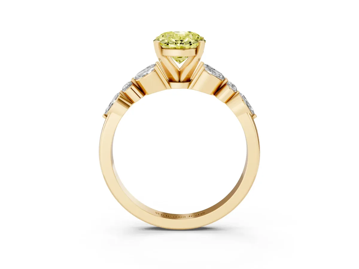 Fancy Yellow Oval Cut Diamond Solitaire Ring with Side Stones and Four-Prong Setting Yellow gold