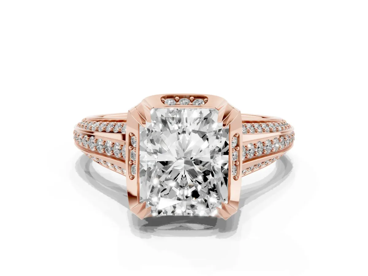 Radiant Cut Solitaire Pave Split Shank Ring with Four-Prong Setting Rose gold