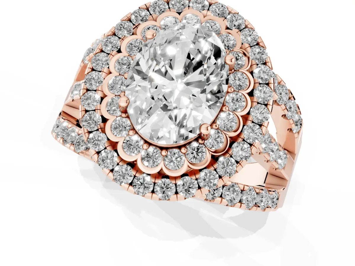 Oval Cut Diamond Double Halo Ring with Round Pavé Split Shank and Prong Setting Rose gold
