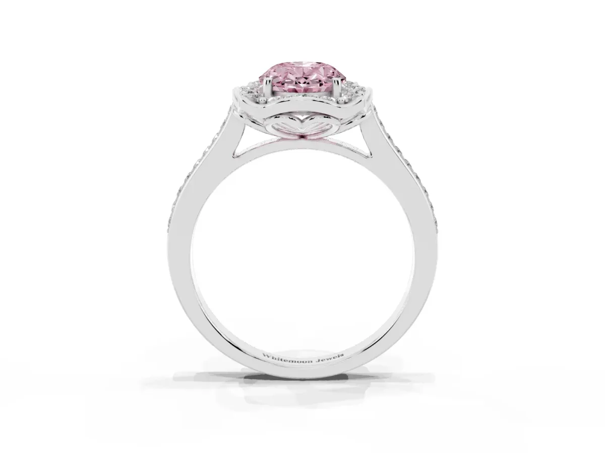 Fancy Pink Oval Cut Halo Round Diamond Pave Band with Four-Prong Setting Silver