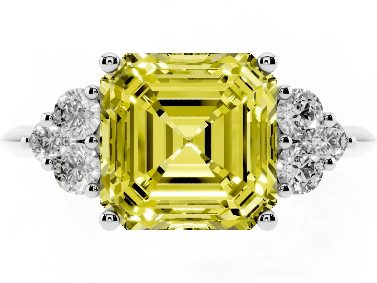 Fancy Yellow Asscher Cut Cut Diamond Cluster Ring with Solitaire Band and Four-Prong Setting Silver