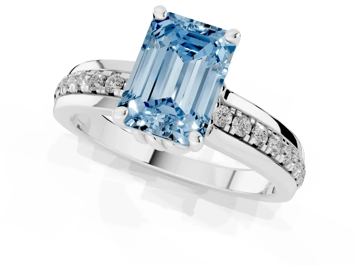 Fancy Blue Emerald Cut Solitaire Diamond Ring with Channel Set Band and Six-Prong Setting Silver