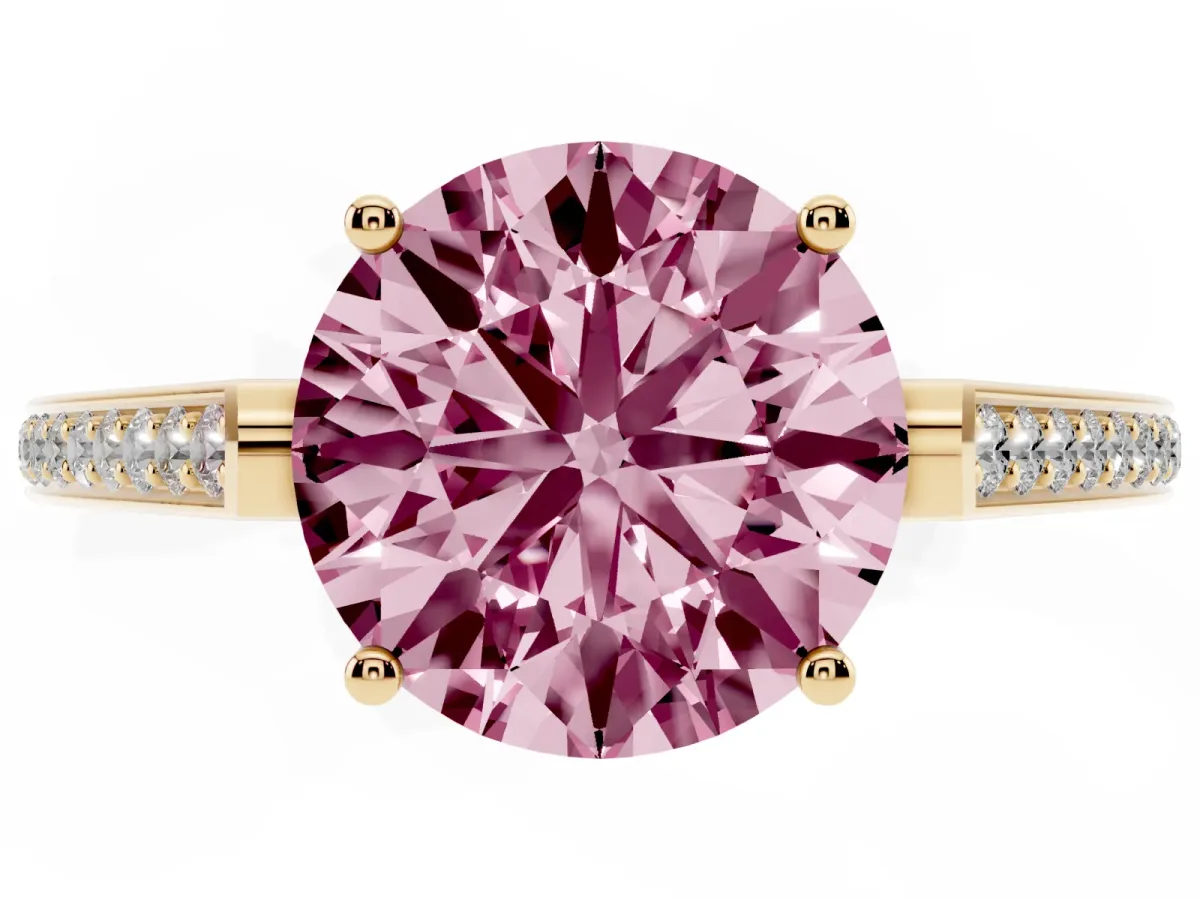 Fancy Pink Round Cut Cut Cathedral Pave Diamond Engagement Ring with Six-Prong Setting Yellow gold