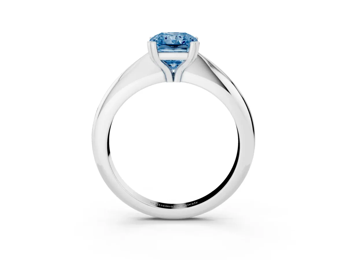 Fancy Blue Radiant Cut Cut Solitaire Engagement Ring with Tapered Band and Four-Prong Setting White gold