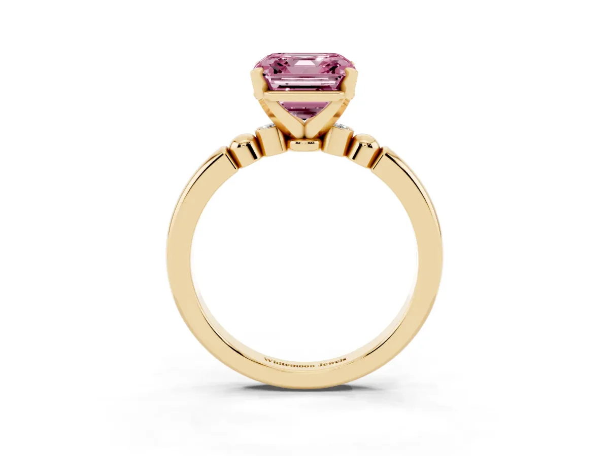 Fancy Pink Asscher Cut Solitaire Beaded Band with Four-Prong Setting Yellow gold
