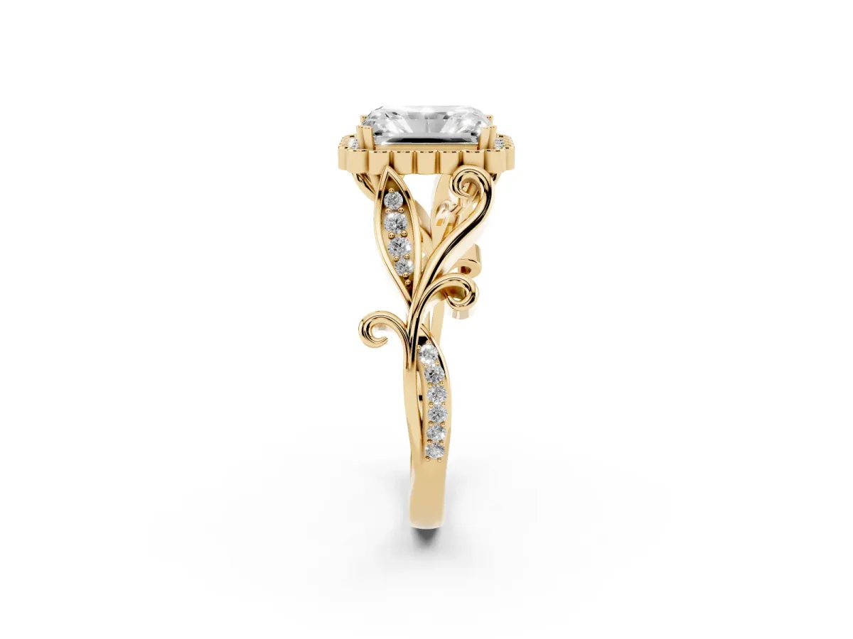 Radiant Cut Diamond Halo Ring with Vintage Split Shank and Four-Prong Setting Yellow gold