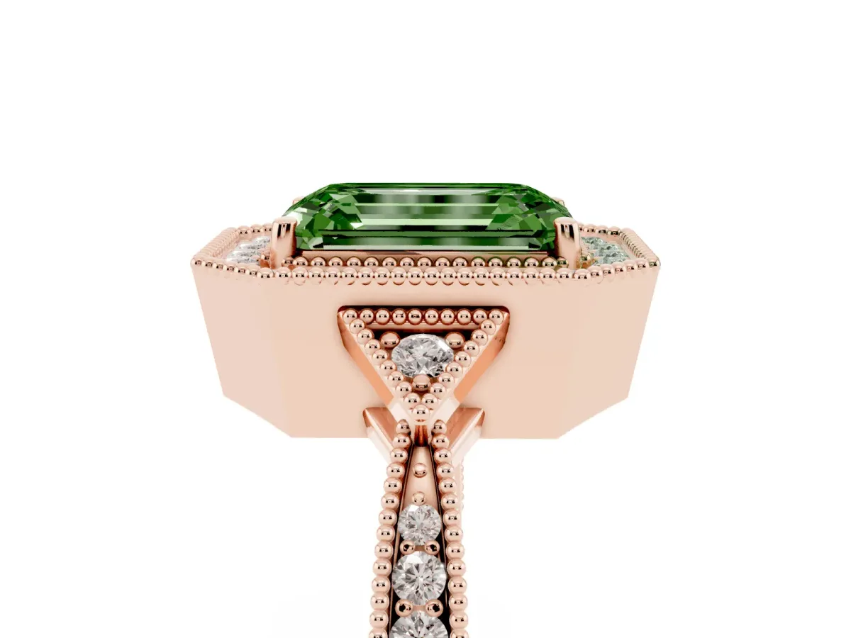 Fancy Green Emerald Cut Halo Round Diamond Milgrain Pave Engagement Ring Rose gold