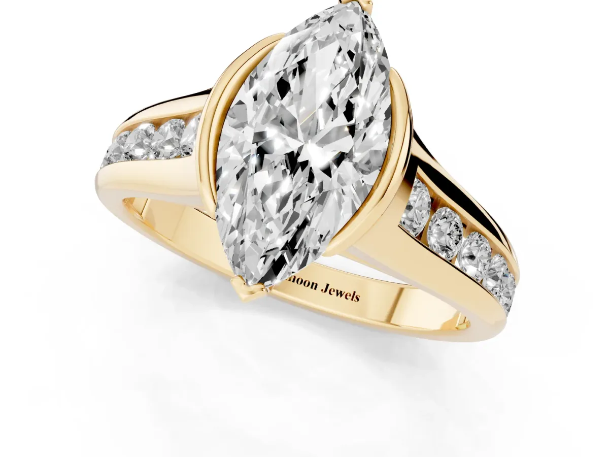 Marquise Cut Solitaire Bezel-Set Diamond Ring with Channel-Set Band Yellow gold