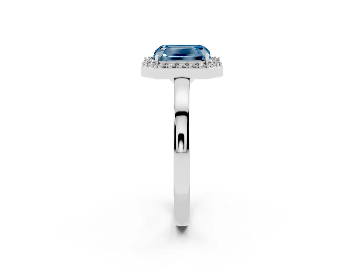 Fancy Blue Radiant Cut Halo Diamond Ring with Solitaire Band and Prong Setting Silver