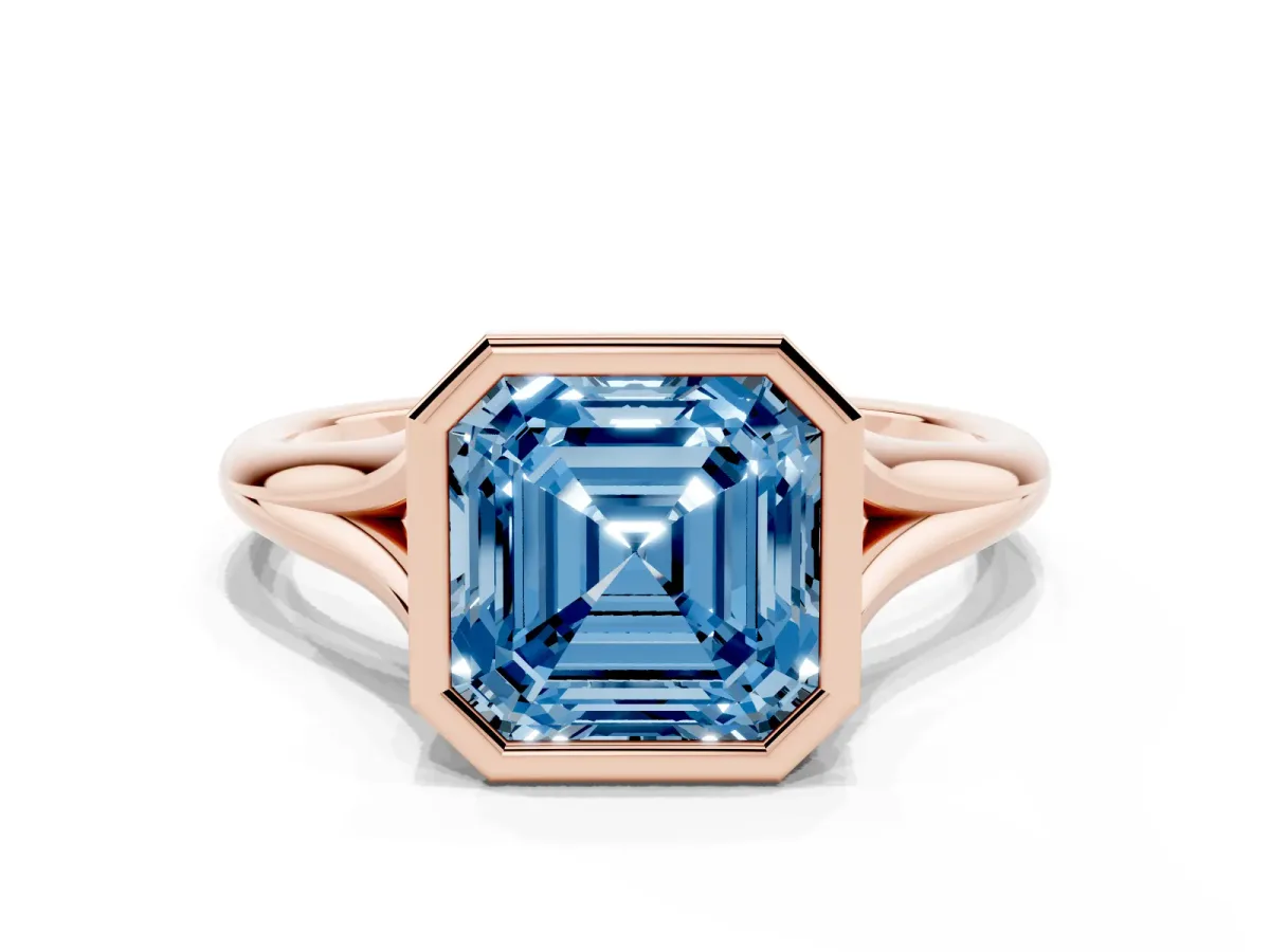 Fancy Blue Bezel Set Asscher Cut Cut Solitaire Ring with Tapered Band Rose gold