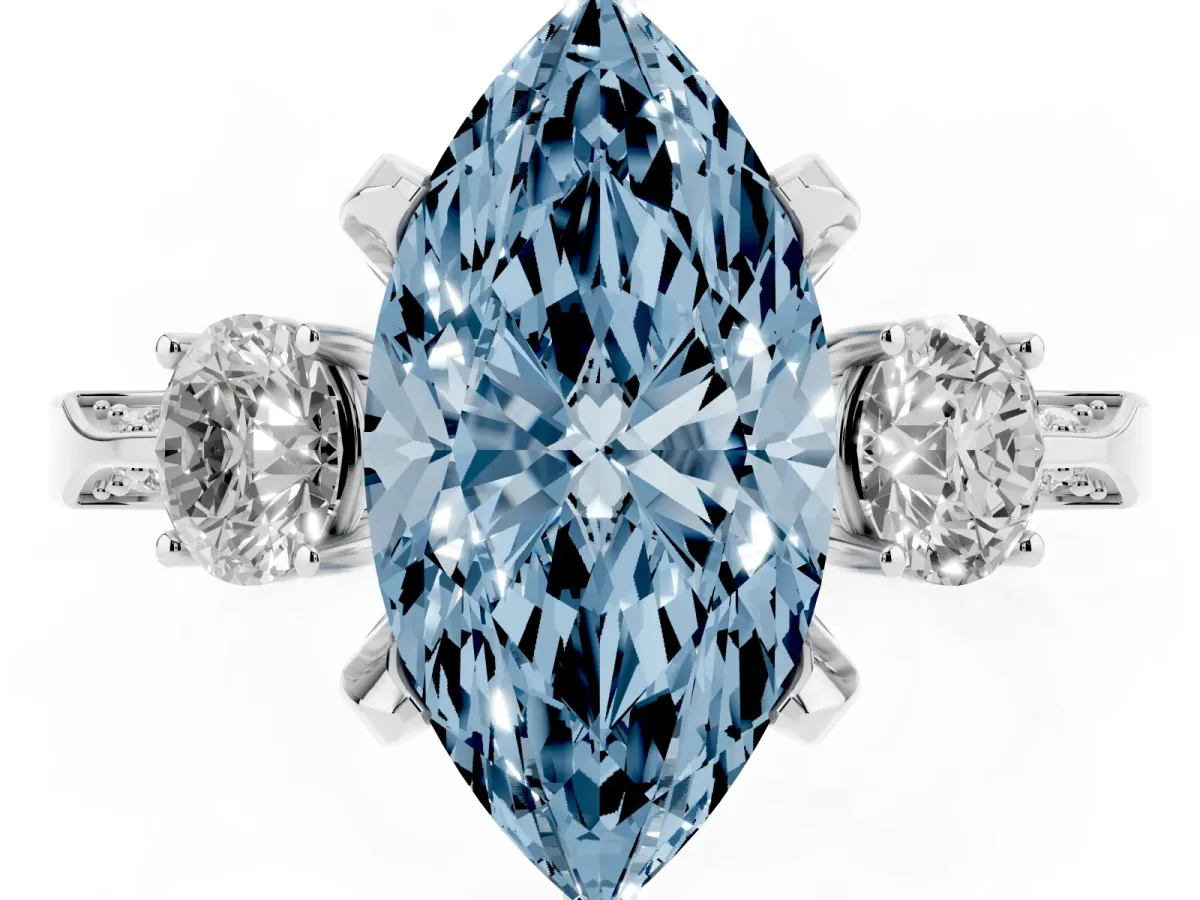 Fancy Blue Marquise Cut Brilliant Three-Stone Diamond Ring with Pavé Band and Four-Prong Setting Silver
