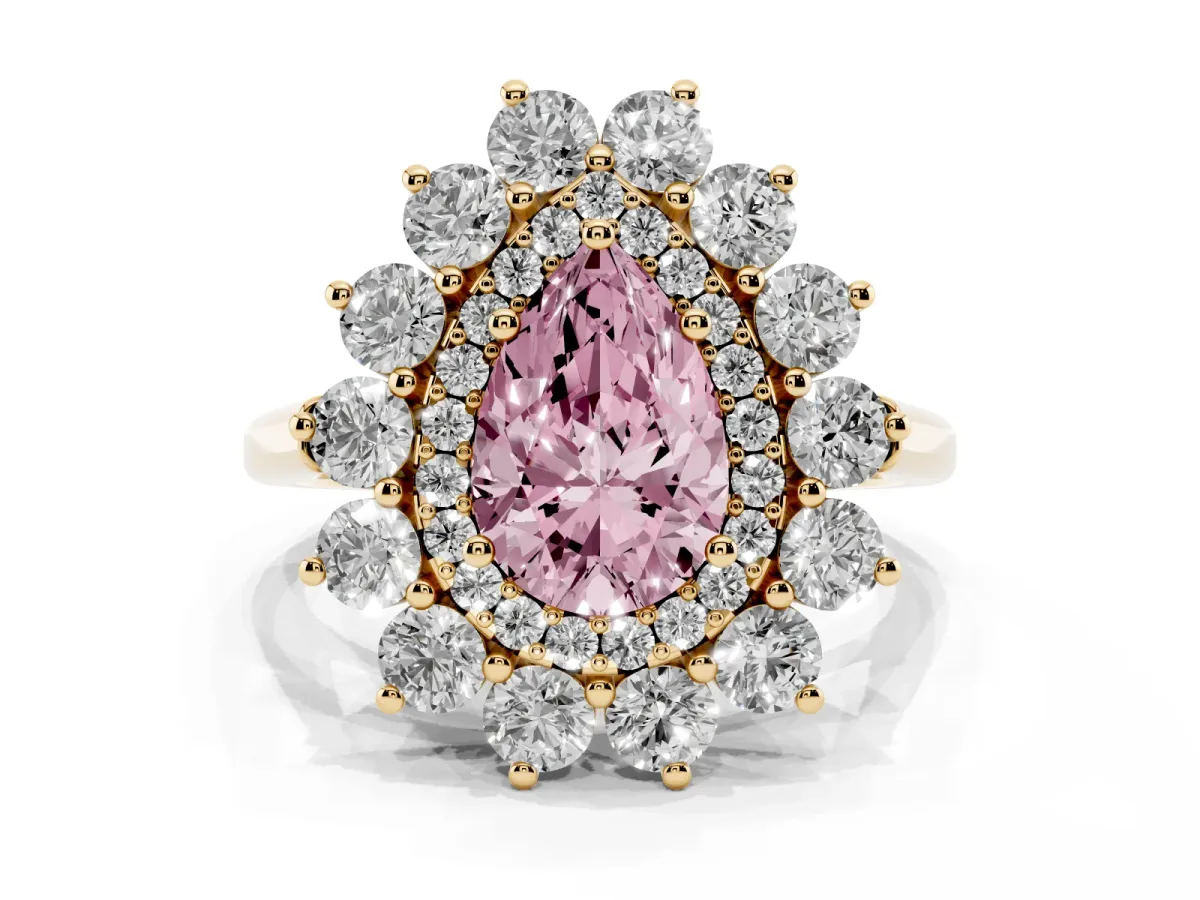 Fancy Pink Pear Cut Diamond Floral Double Halo Engagement Ring with Prong Setting Yellow gold