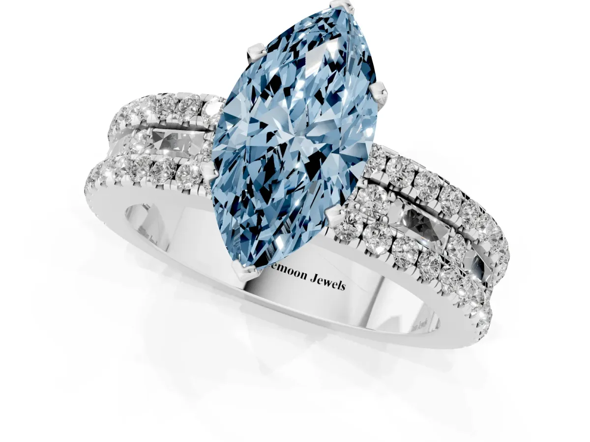 Fancy Blue Marquise Cut Diamond Solitaire Ring with Pavé and Channel Set Band Silver