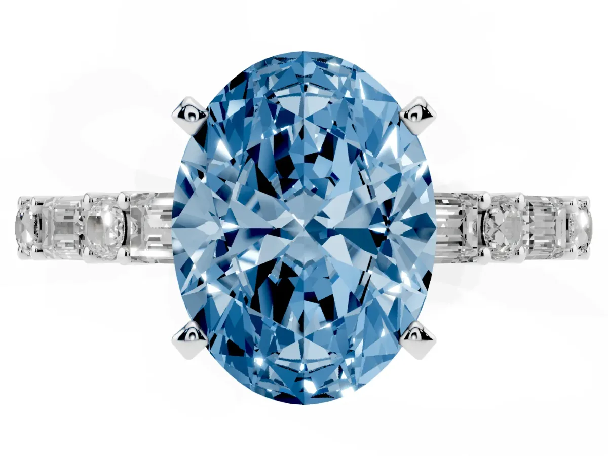 Fancy Blue Oval Cut Diamond Solitaire with Side Baguettes and Channel Set Band Silver