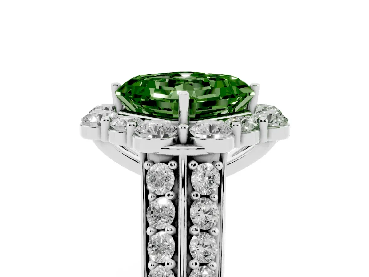 Fancy Green Asscher Cut Halo Diamond Engagement Ring with Split Shank and Prong Setting Silver