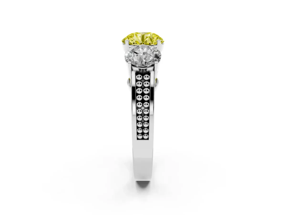 Fancy Yellow Round Cut Diamond Three-Stone Ring with Prong Setting and Textured Band Silver