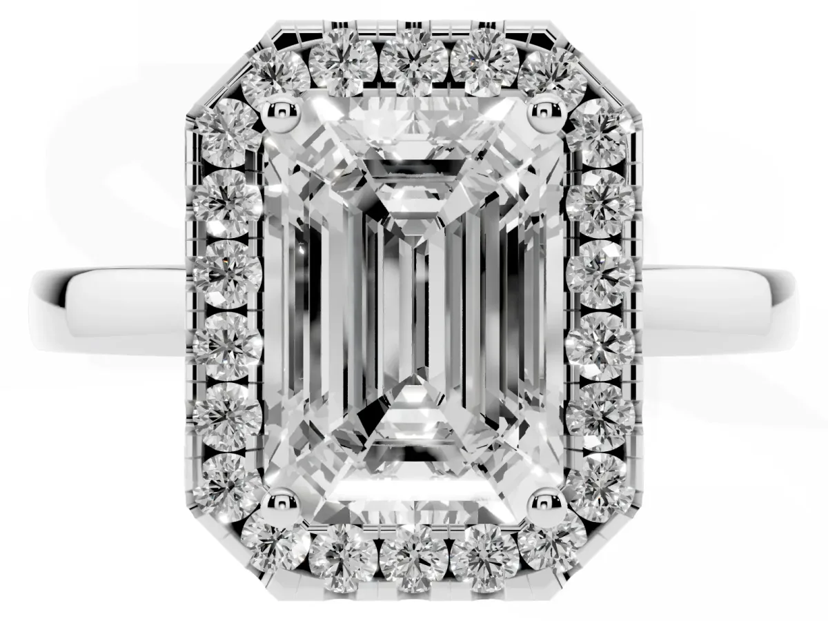 Emerald Cut Halo Diamond Solitaire with Pavé Band and Four-Prong Setting White gold