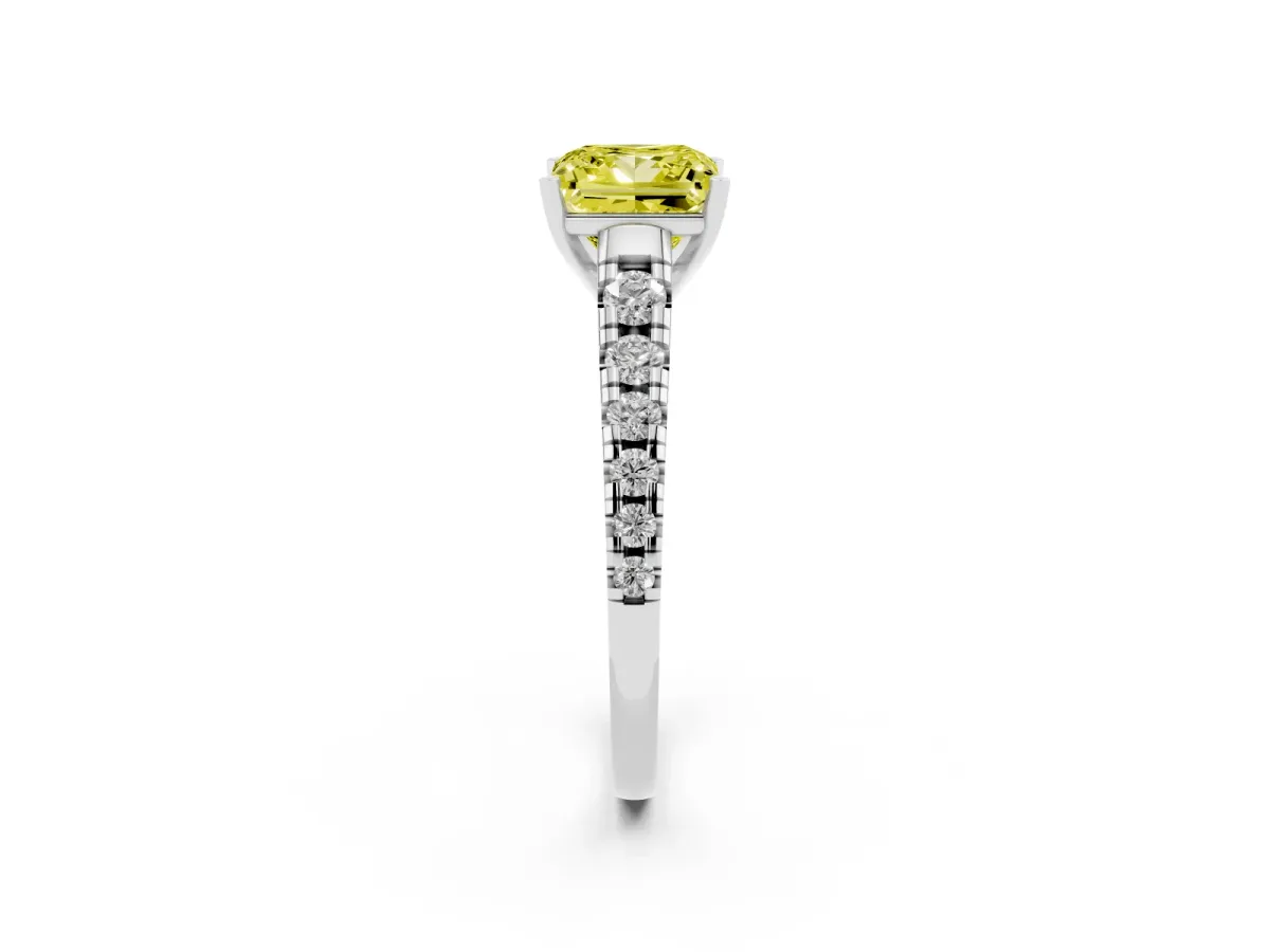 Fancy Yellow Princess Cut Diamond Cathedral Solitaire Ring with Round Pavé Band Silver