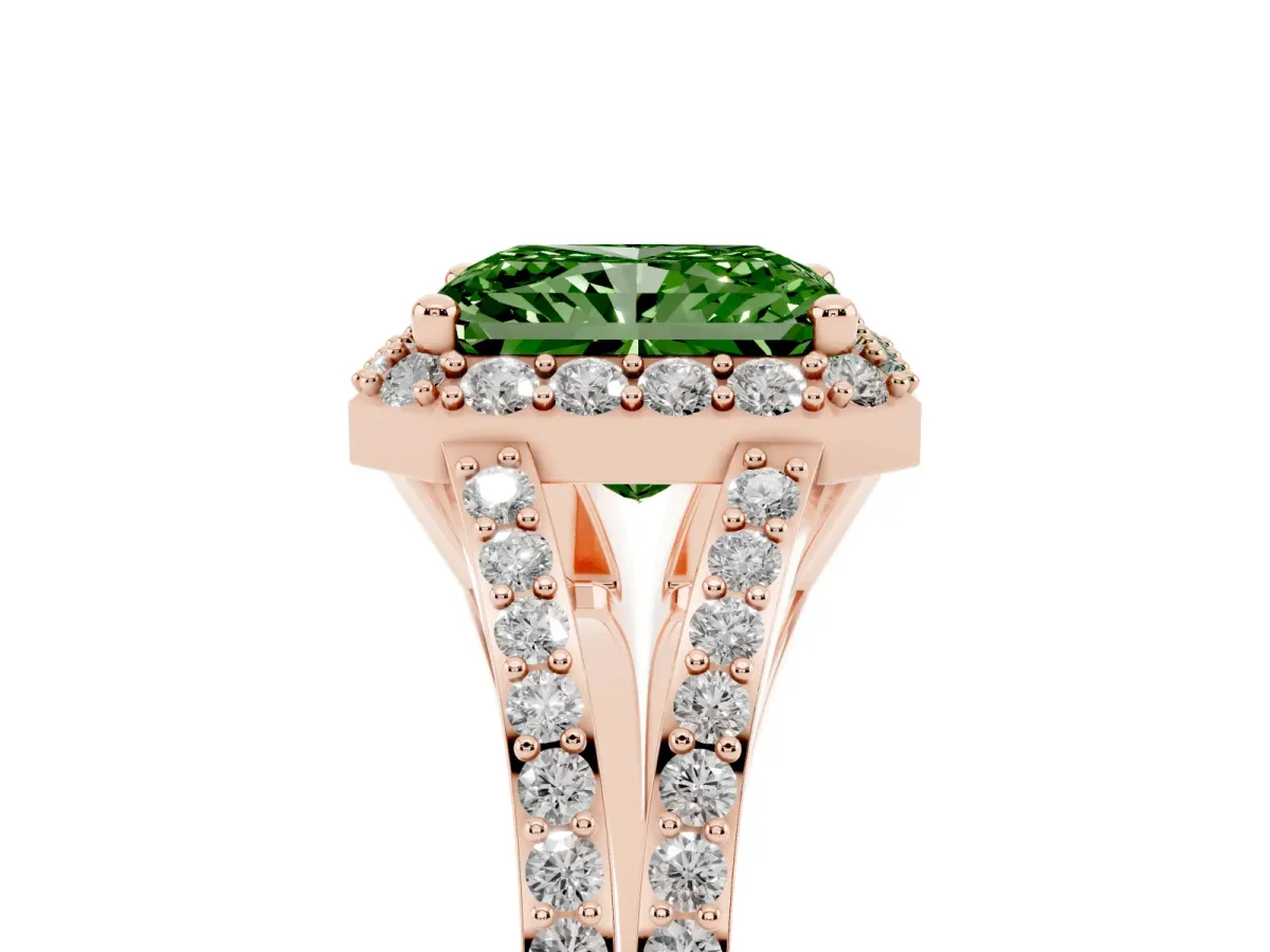 Fancy Green Radiant Cut Halo Split Shank Diamond Ring with Prong Setting Rose gold