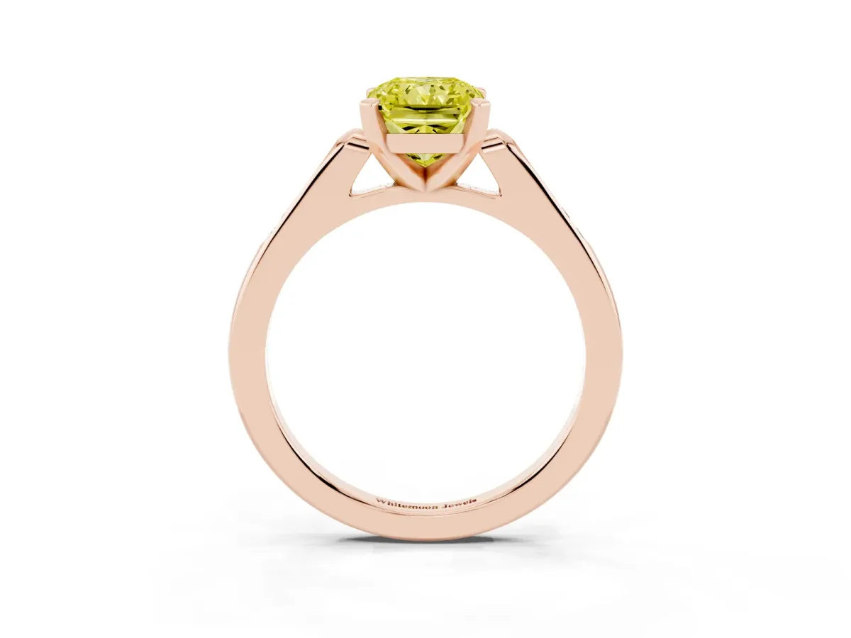 Fancy Yellow Radiant Cut Diamond Solitaire Ring with Channel Set Round Band and Prong Setting Rose gold