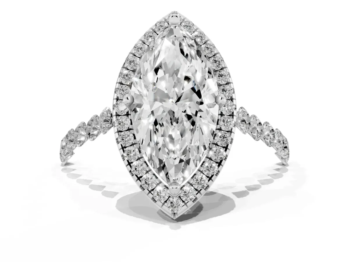 Marquise Cut Halo Pavé Diamond Engagement Ring with Four-Prong Setting Silver