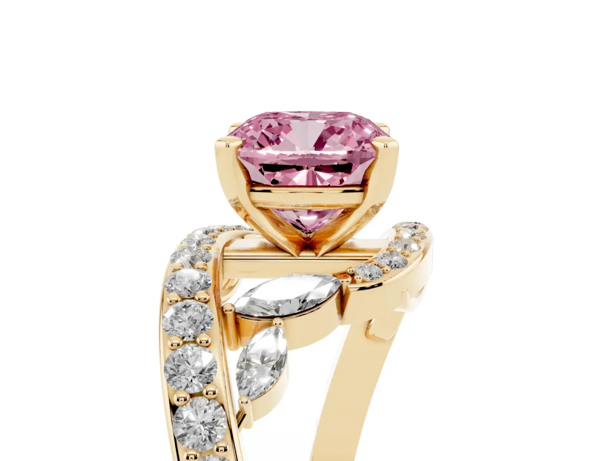 Fancy Pink Cushion Cut Solitaire with Pavé Twist Band and Four-Prong Setting Yellow gold