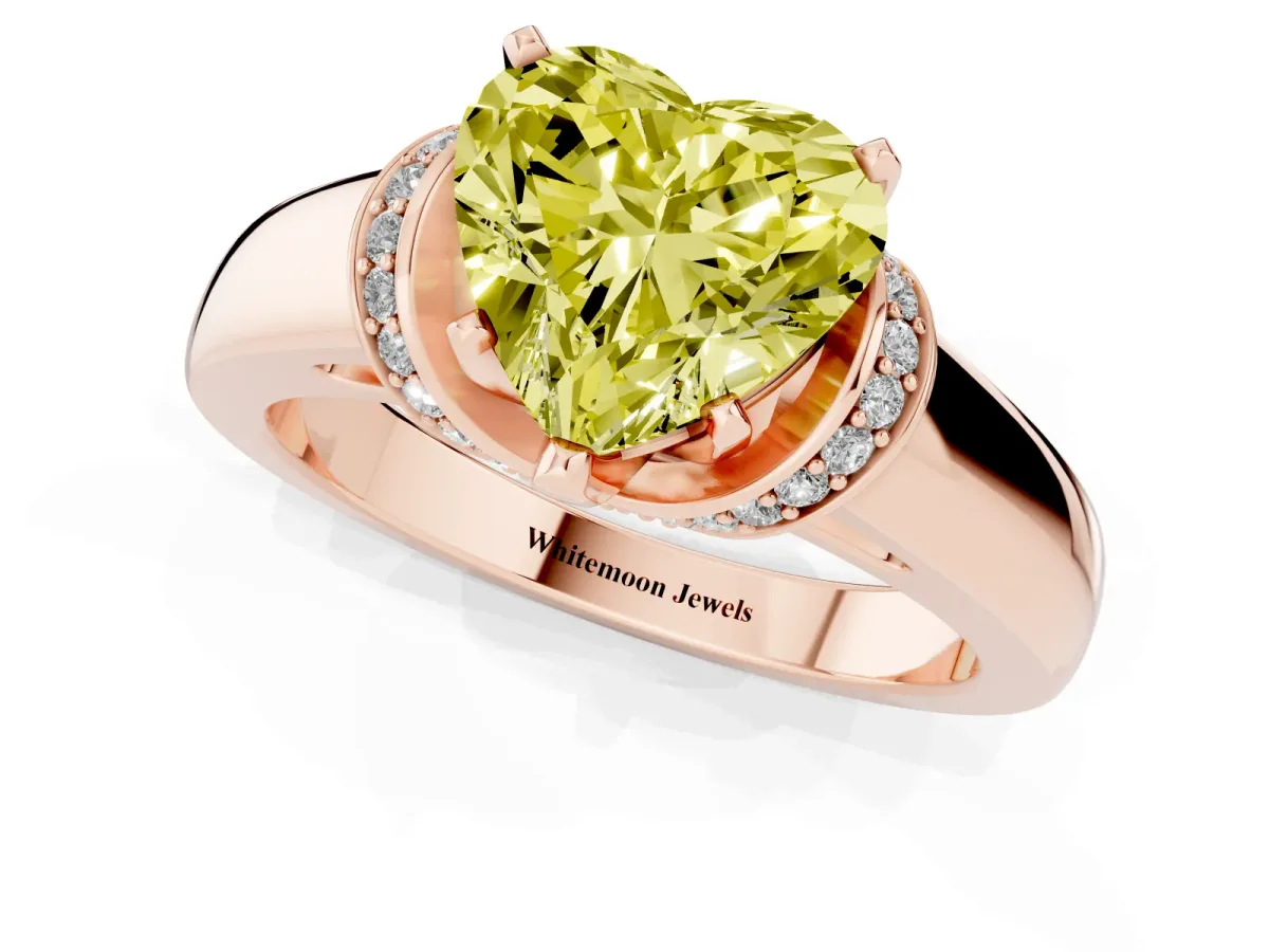 Fancy Yellow Heart Cut Solitaire Diamond Ring with Pave Band and Six-Prong Setting Rose gold