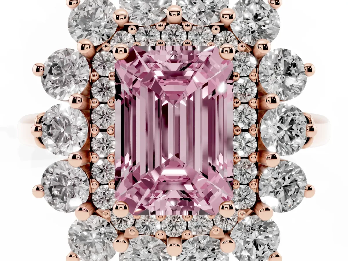 Fancy Pink Emerald Cut Diamond Floral Double Halo Engagement Ring with Prong Setting Rose gold